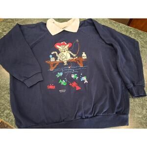 Vintage MORNING SUN Sweatshirt Faux Collar Women 2XL Blue Cat Fish Fishing Kitty
